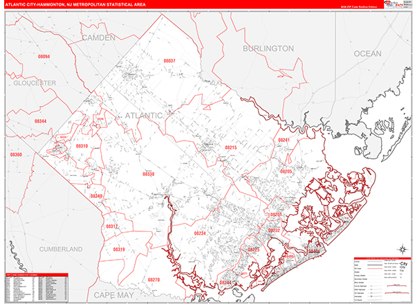 Atlantic City-Hammonton Metro Area Wall Map Red Line Style